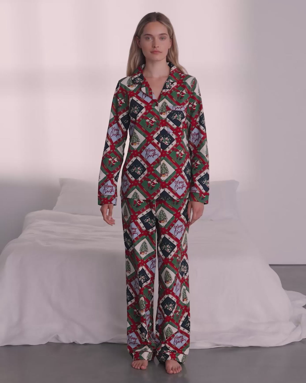 Organic Cotton Christmas Patchwork Print Button Up Long Pyjama Set