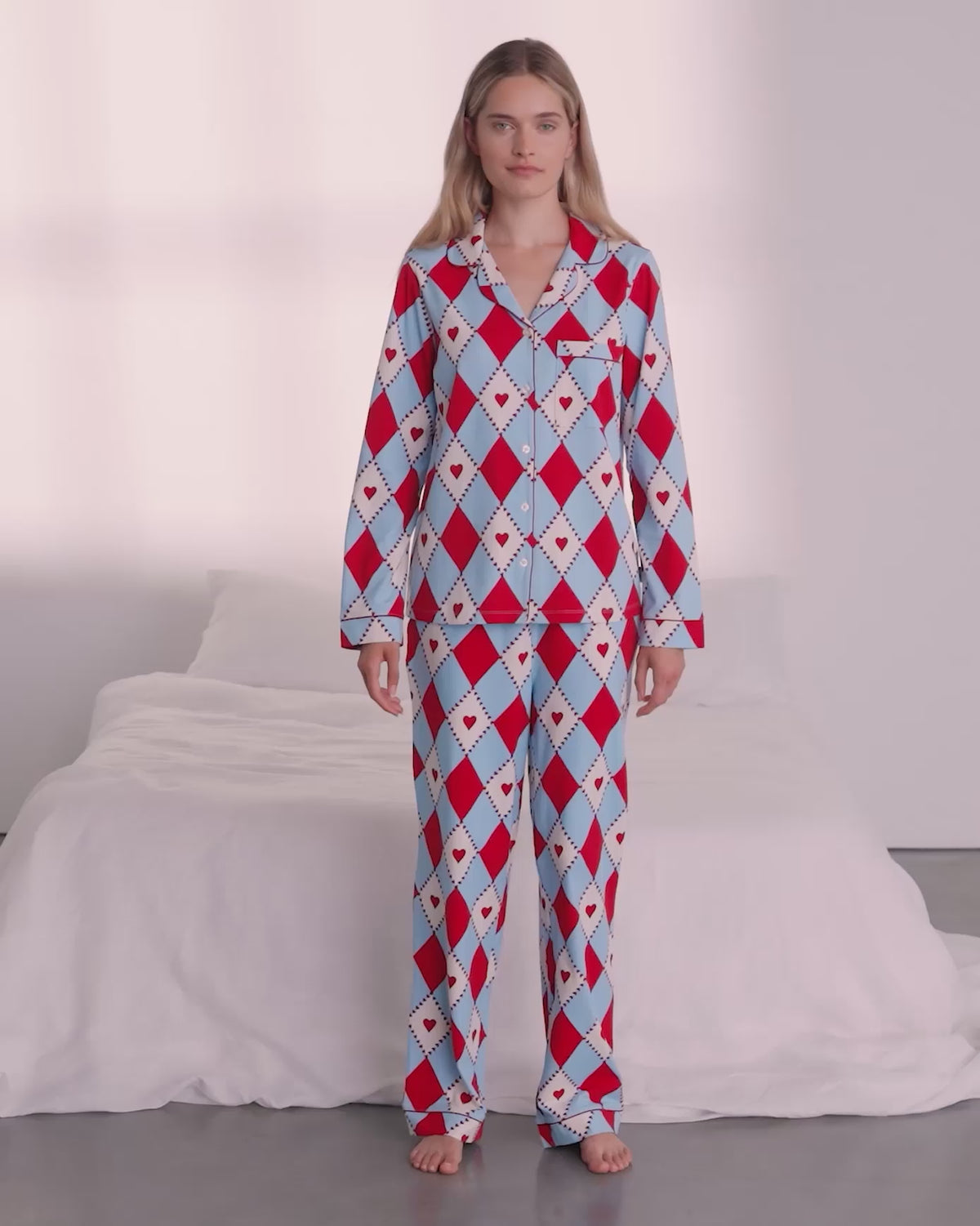 Organic Cotton Harlequin Heart Print Long Pyjama Set