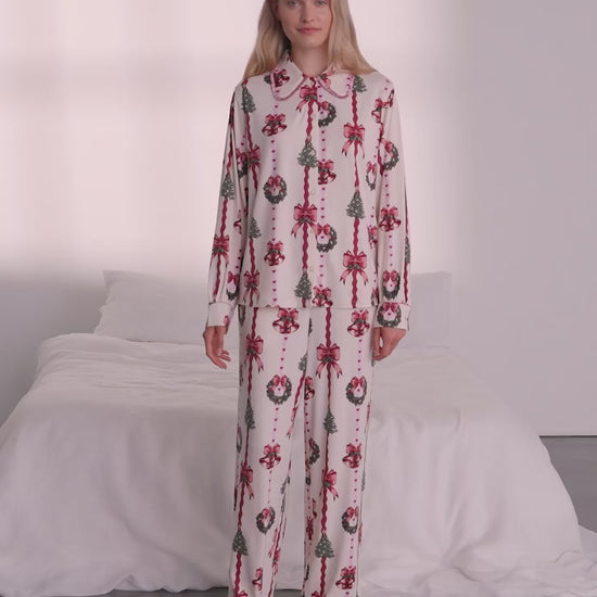 Christmas Ribbon Stripe Print Long Pyjama Set