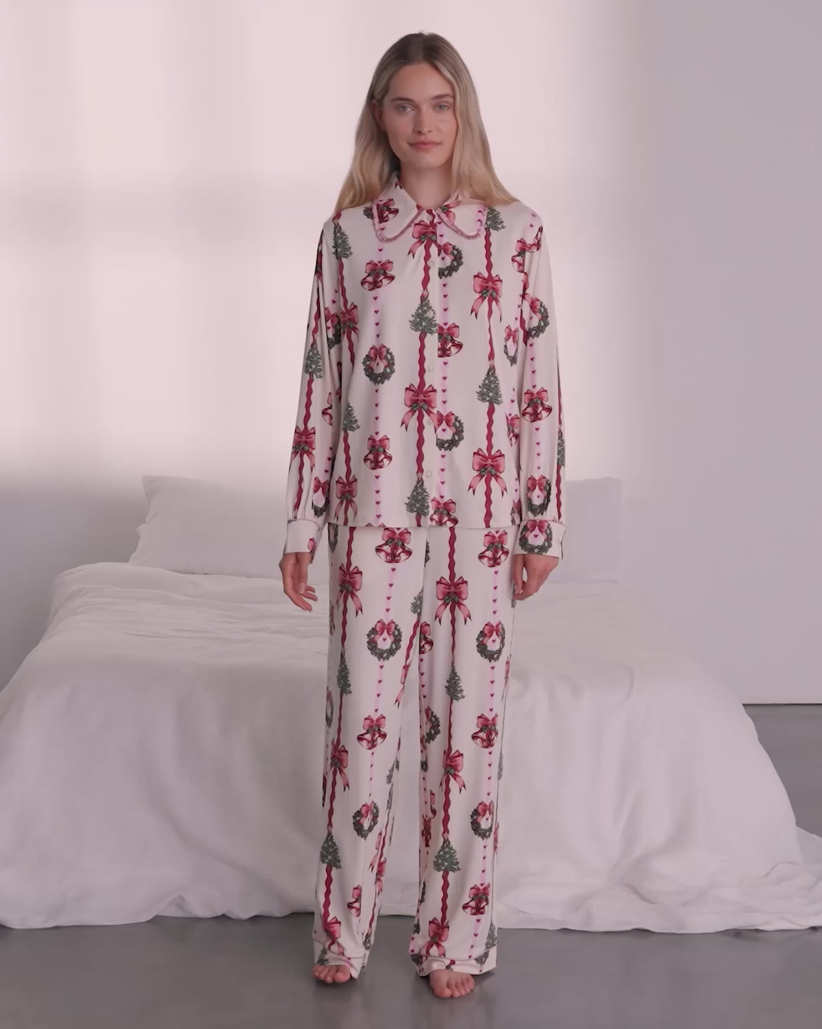Christmas Ribbon Stripe Print Long Pyjama Set