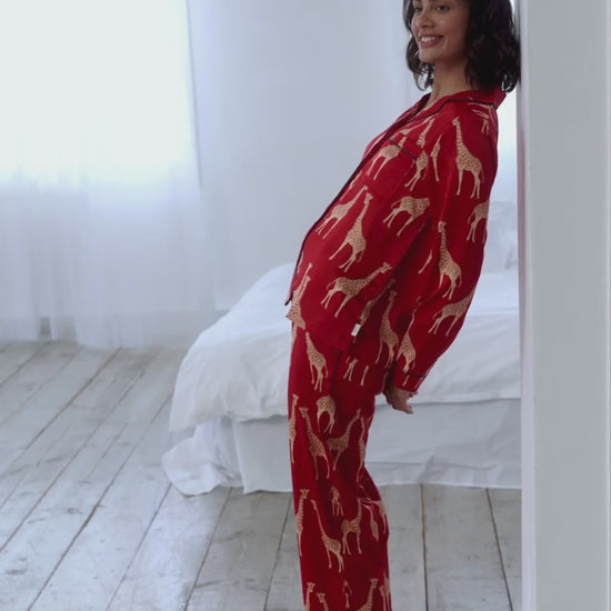 Satin Giraffe Print Long Pyjama Set - Red