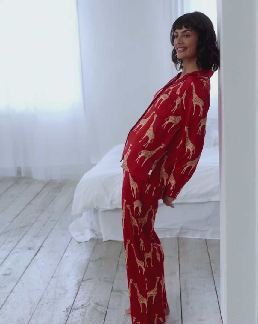 Satin Giraffe Print Long Pyjama Set - Red