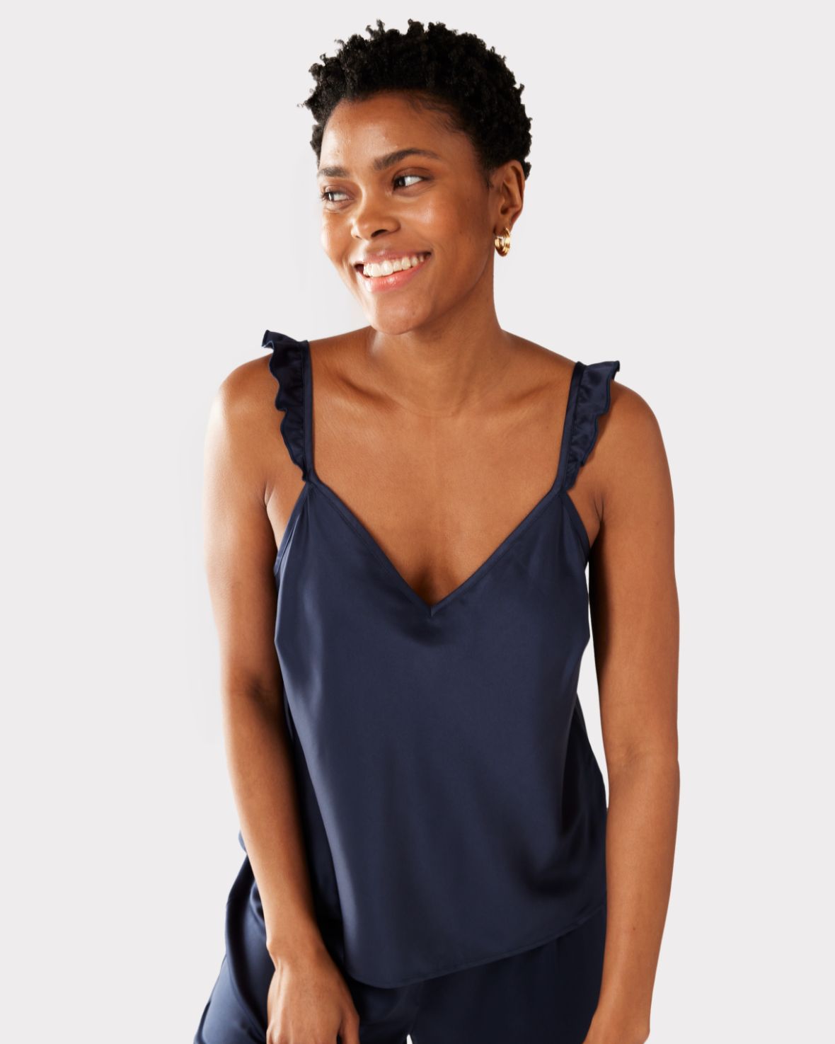 Satin Frill Trim Cami Short Pyjama Set Navy Chelsea Peers