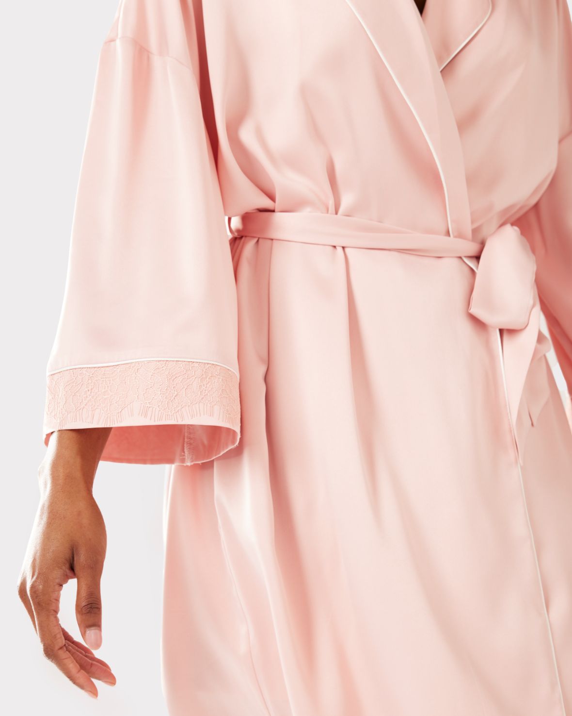 Satin Lace Trim Robe Dressing Gown - Blush