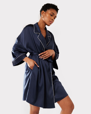 Satin Lace Trim Robe Dressing Gown - Navy